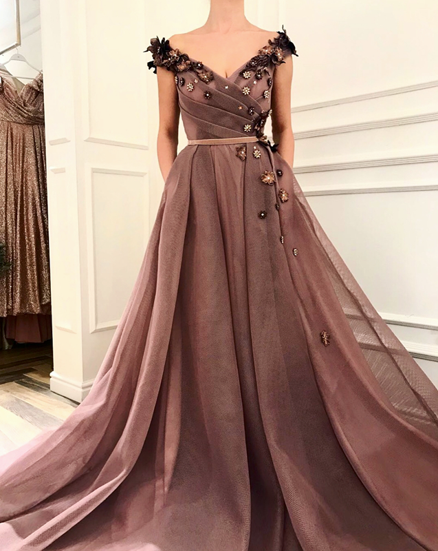 Ball Gown V-neck Cap Sleeves Sweep / Brush Train Satin Evening Dress With Appliques 3