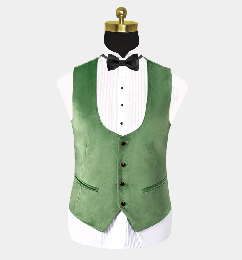 Green Double Breasted Velvet Prom Suit with Three Pieces 3