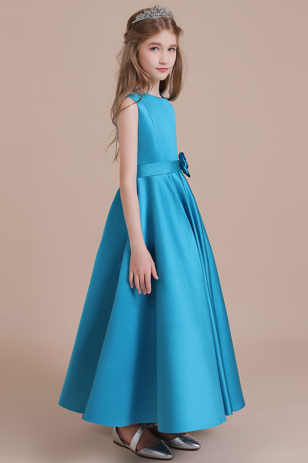 A-line Jewel Neck Sleeveless Ankle-length Satin Flower Girl Dress With Flower(s) 4