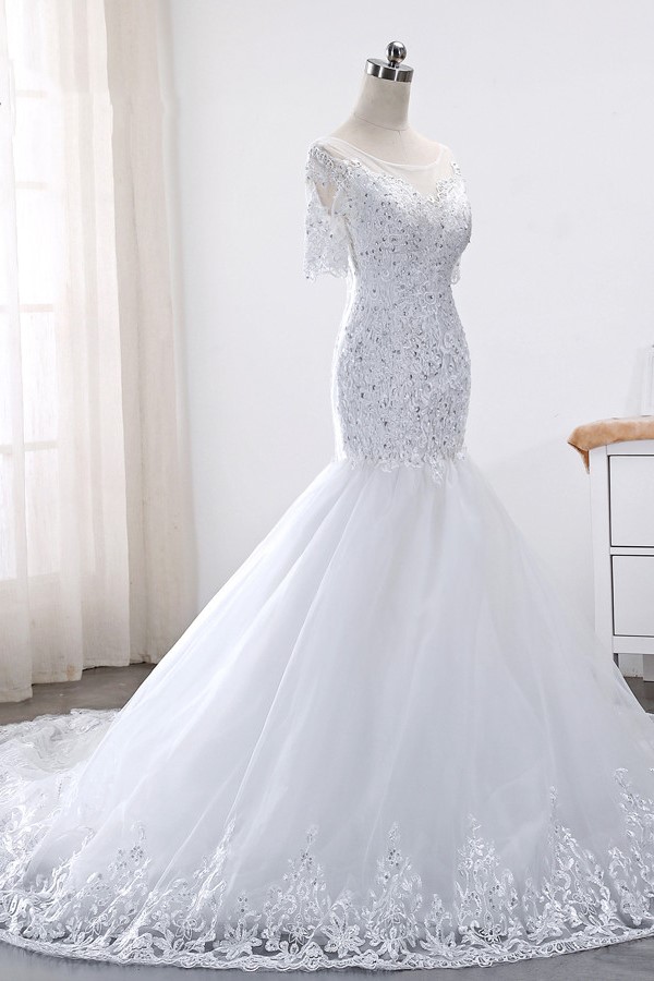 Mermaid Jewel Neck Short Sleeves Floor-length Tulle Wedding Dress With Lace 3