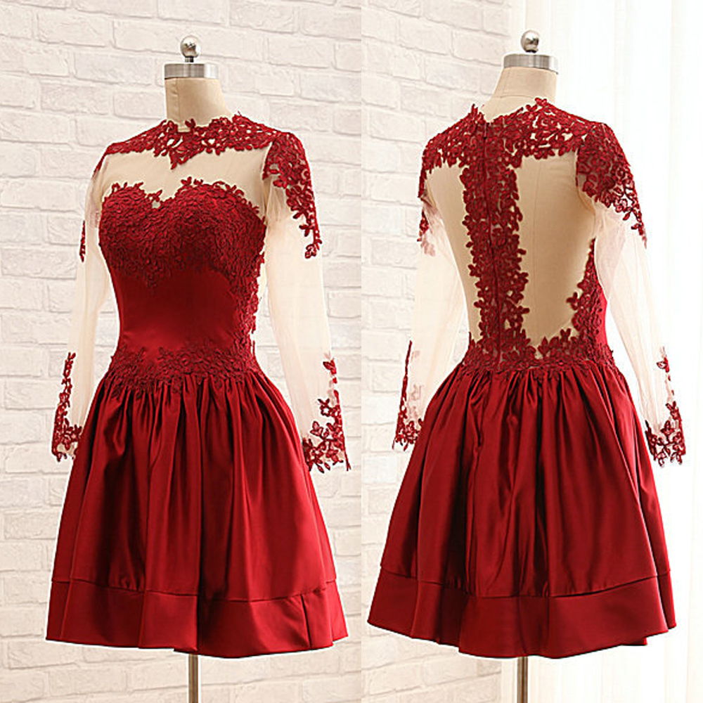 A-line High Neck Mini Elastic Silk-like Satin Cocktail Party Gown With Appliques 2