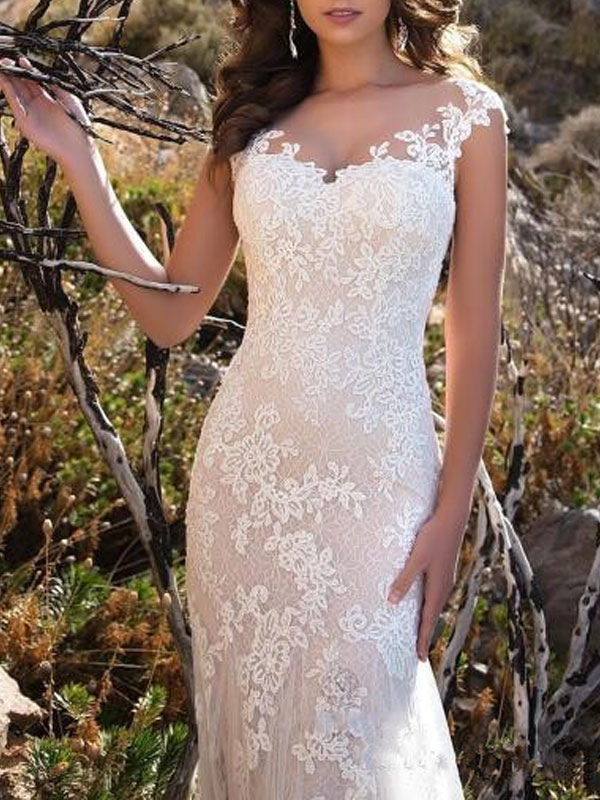 Mermaid V-neck Sleeveless Sweep / Brush Train Lace Bridal Gown With Lace 3