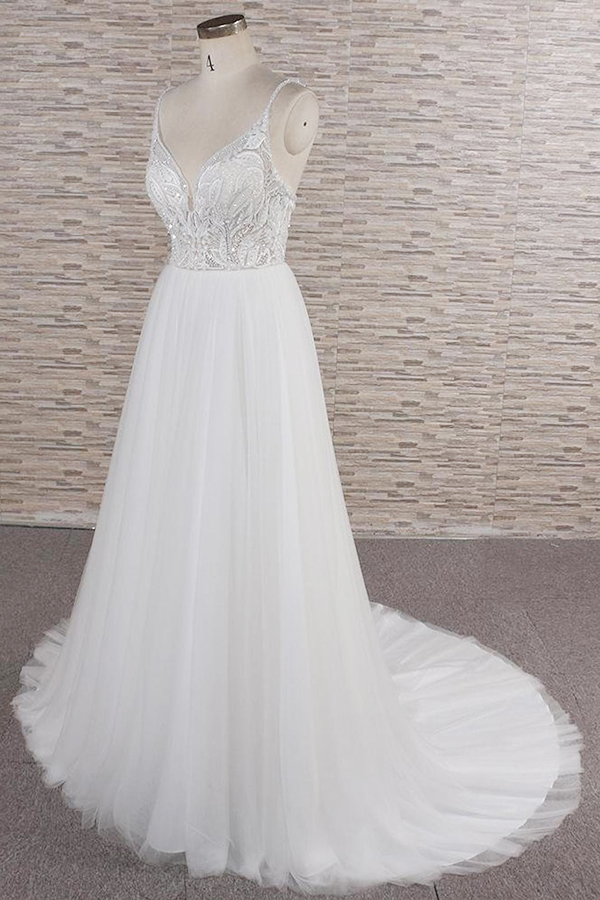 A-line Spaghetti Straps Sleeveless Court Train Tulle Wedding Gown With Beading 3