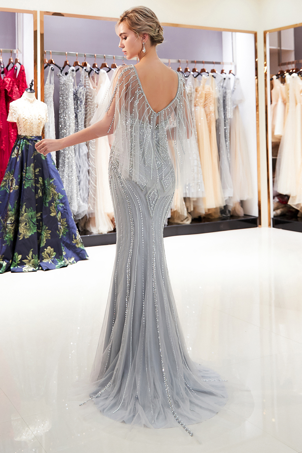 Mermaid Illusion Sweetheart Neck Sleeveless Sweep / Brush Train Tulle Evening Dress With Crystal 2