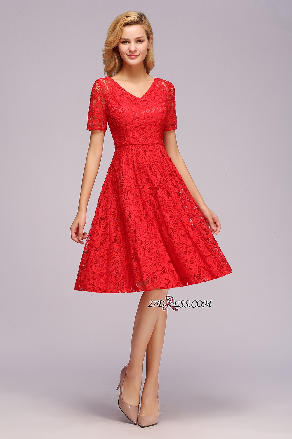 A-line V-neck Short Sleeves Knee-length Lace Bridesmaid Dress With Ribbons 6