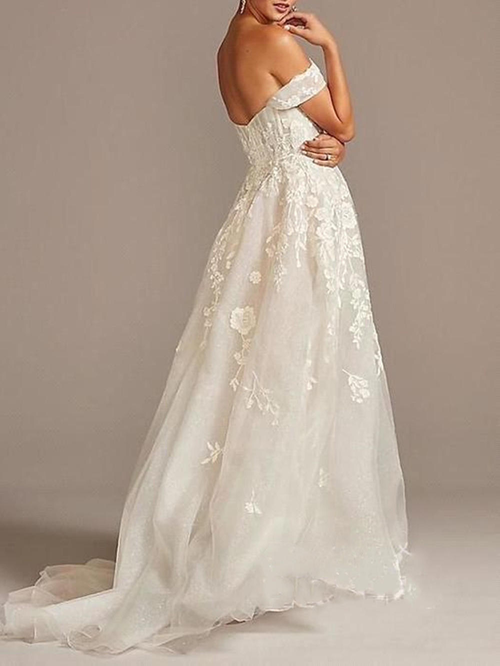 A-line Off-the-shoulder Sleeveless Sweep / Brush Train Lace Wedding Gown With Lace 2