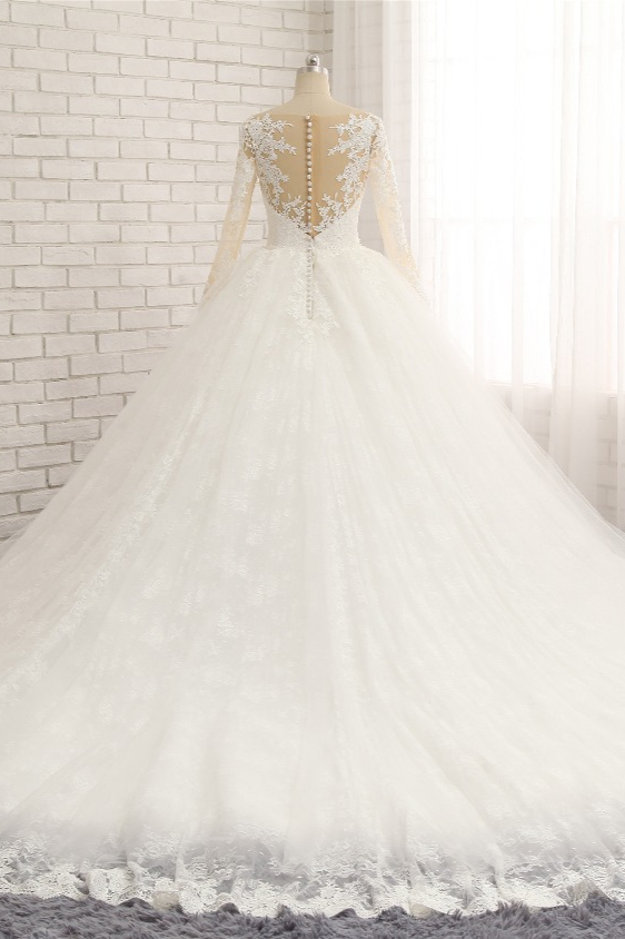 Ball Gown Long Sleeves Floor-length Tulle Bridal Dress With Appliques 2