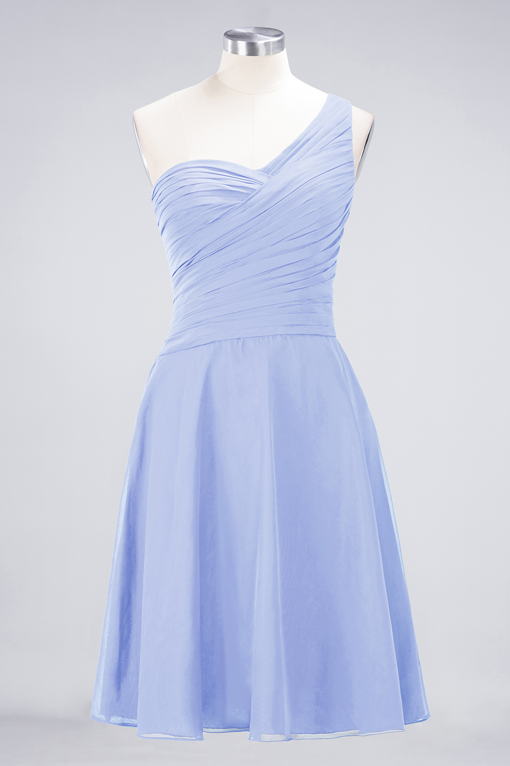 A-line One Shoulder Sweetheart Neck Sleeveless Knee-length 100D Chiffon Bridesmaid Attire With Ruffles 43
