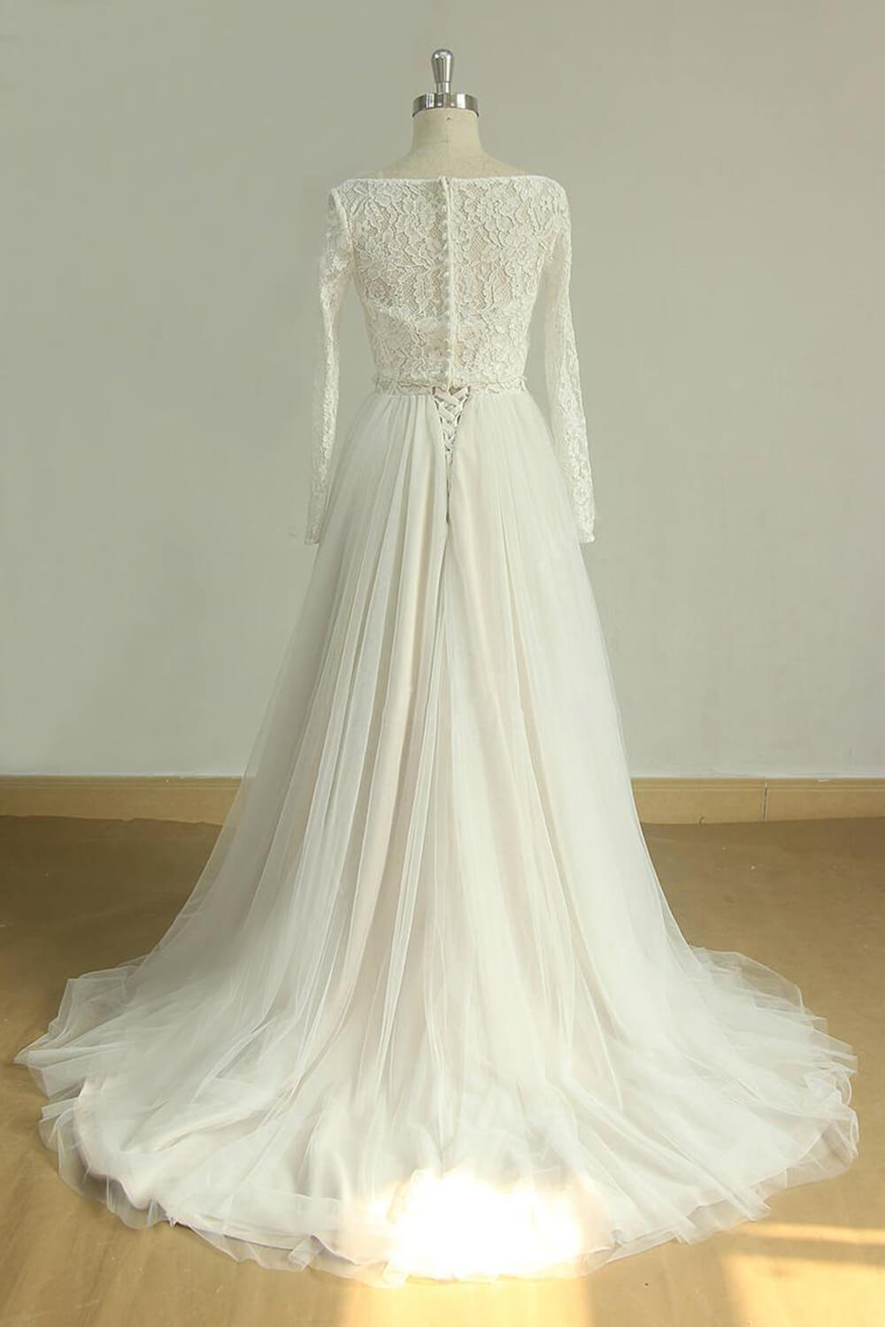 A-line Strapless V-neck Long Sleeves Floor-length Tulle Bridal Dress With Lace 3