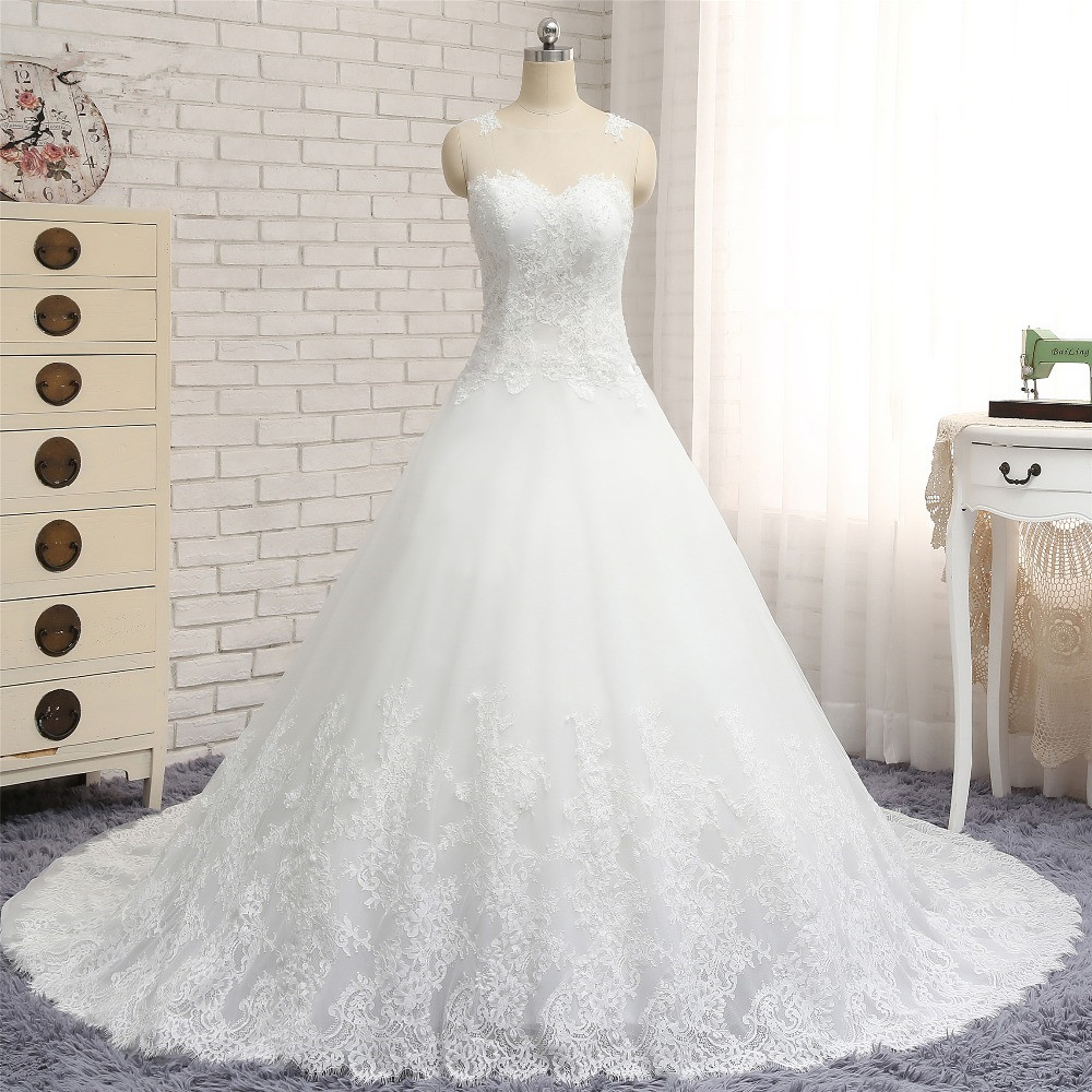 A-line Jewel Neck Sleeveless Floor-length Tulle Wedding Dress With Appliques 6