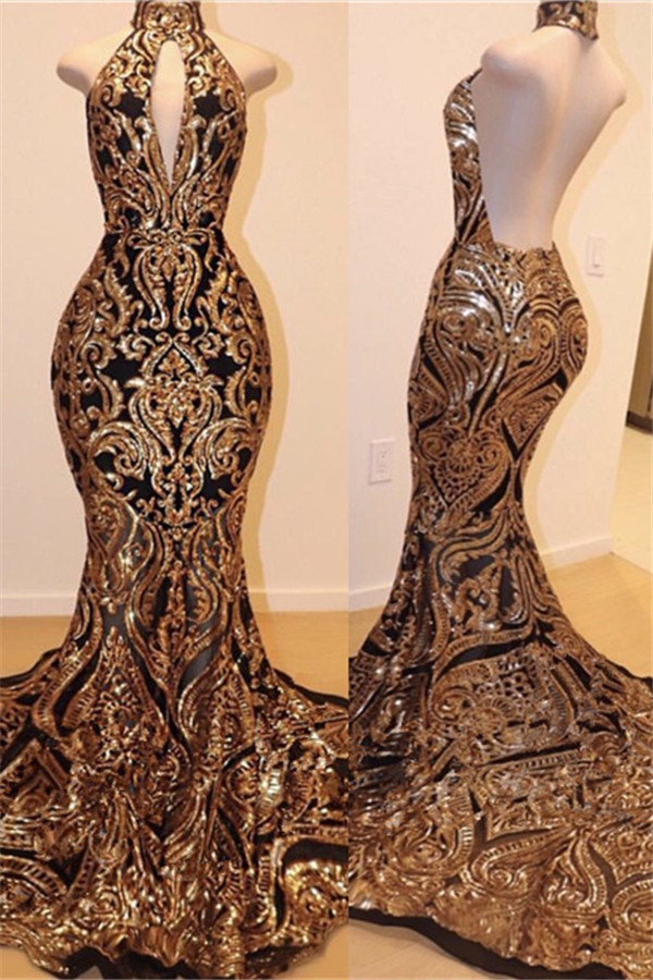 Mermaid Halter-neck Sleeveless Court Train Formal Wear With Sequins 1