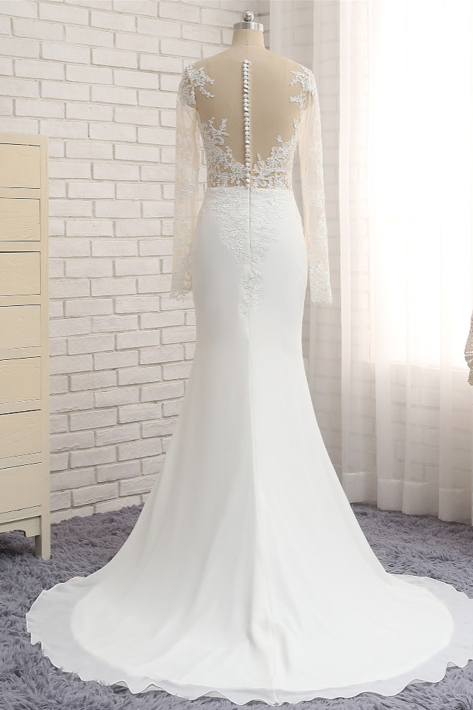 Mermaid Jewel Neck Long Sleeves Floor-length 100D Chiffon Wedding Dress With Appliques 2