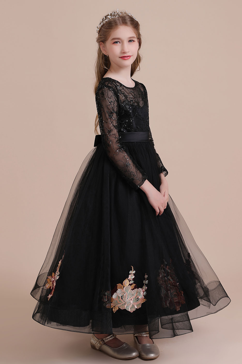 A-line Jewel Neck Long Sleeves Ankle-length Tulle Flower Girl Dress With Appliques 7