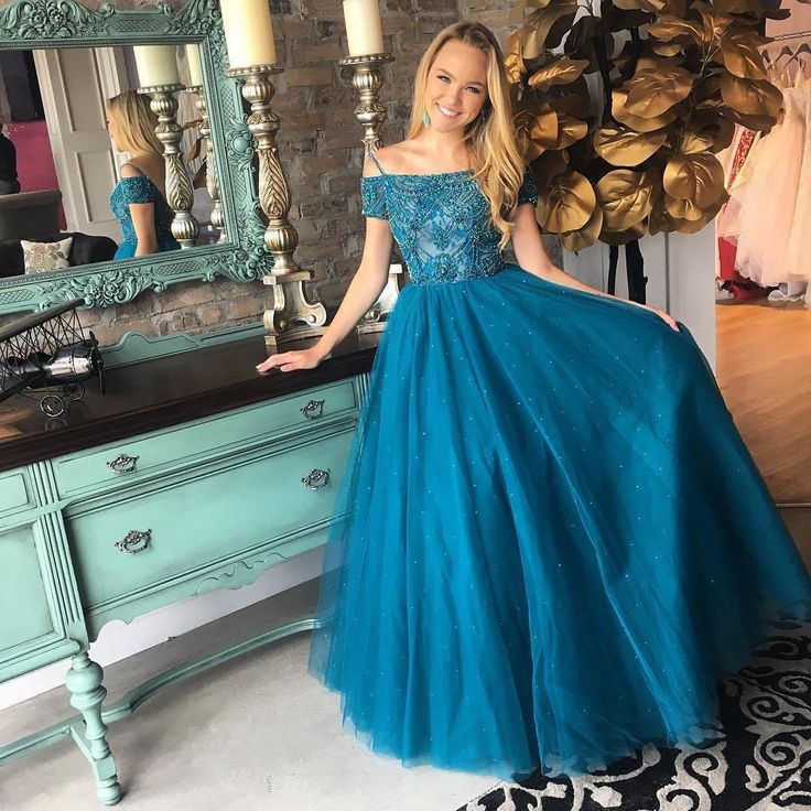 A-line Off-the-shoulder Sleeveless Floor-length Tulle Evening Gown With Beading 2