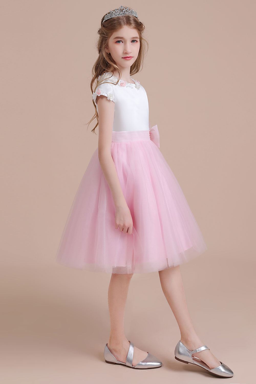 A-line Jewel Neck Short Sleeves Knee-length Satin Flower Girl Dress With Bow 5