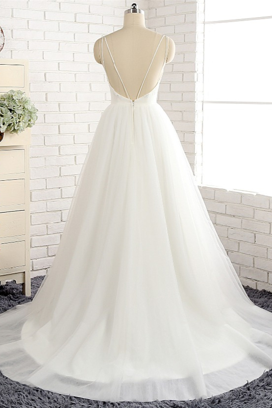 A-line Spaghetti Straps Sleeveless Floor-length Tulle Bridal Dress With Sequins 2
