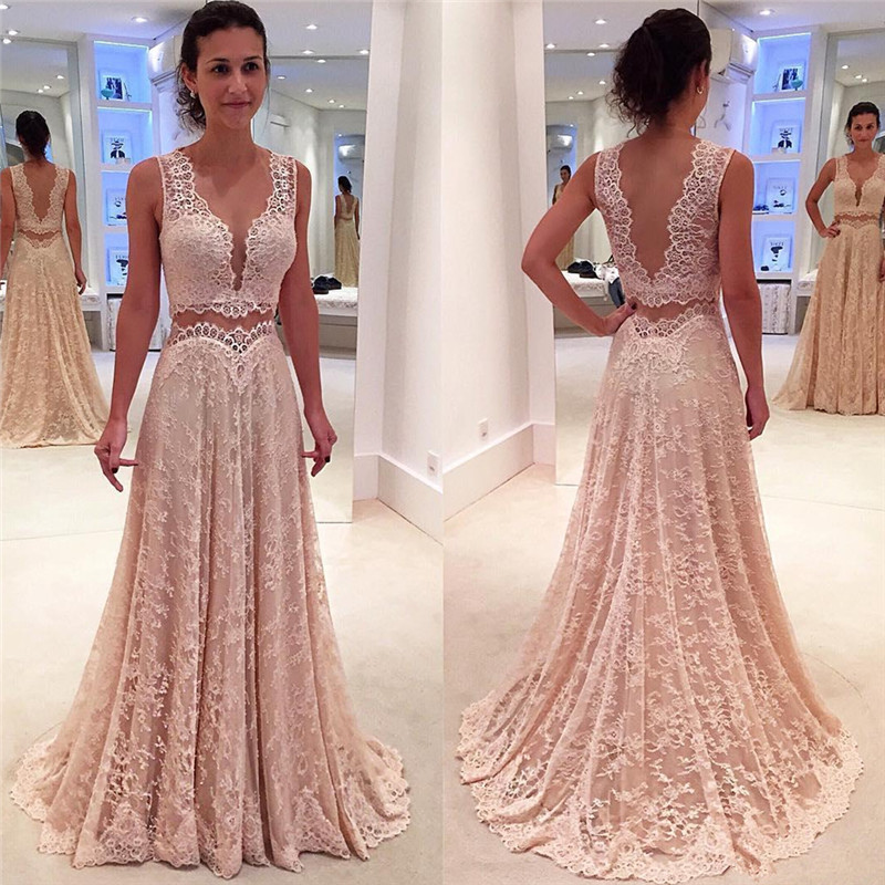 A-line V-neck Sleeveless Sweep / Brush Train Evening Gown With Lace 2