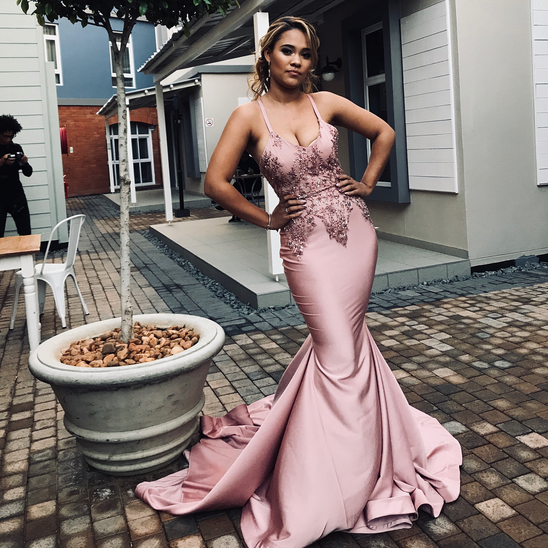 Mermaid Spaghetti Straps Sweep / Brush Train Stretch Satin Homecoming Gown With Appliques 3