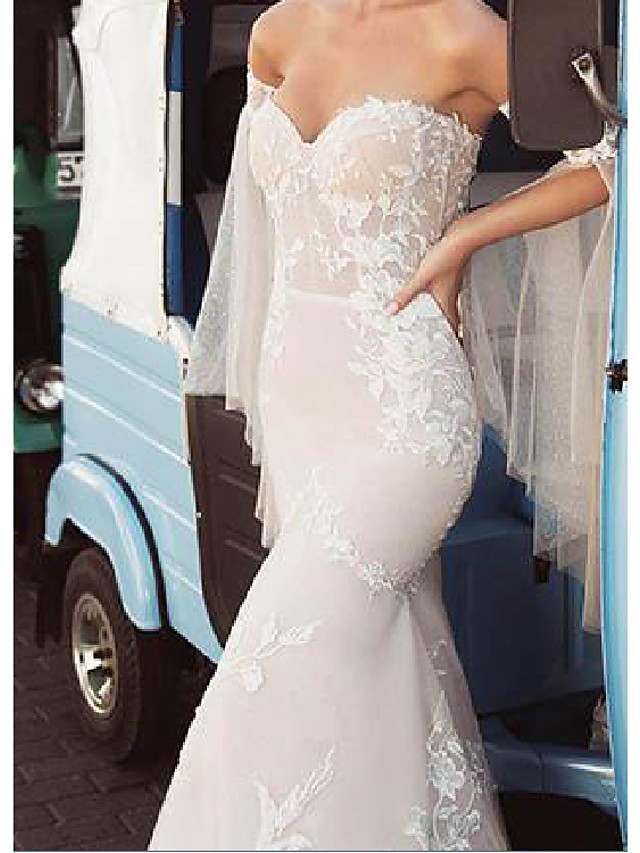 Mermaid Strapless Long Sleeves Sweep / Brush Train Tulle Wedding Dress With Lace 3