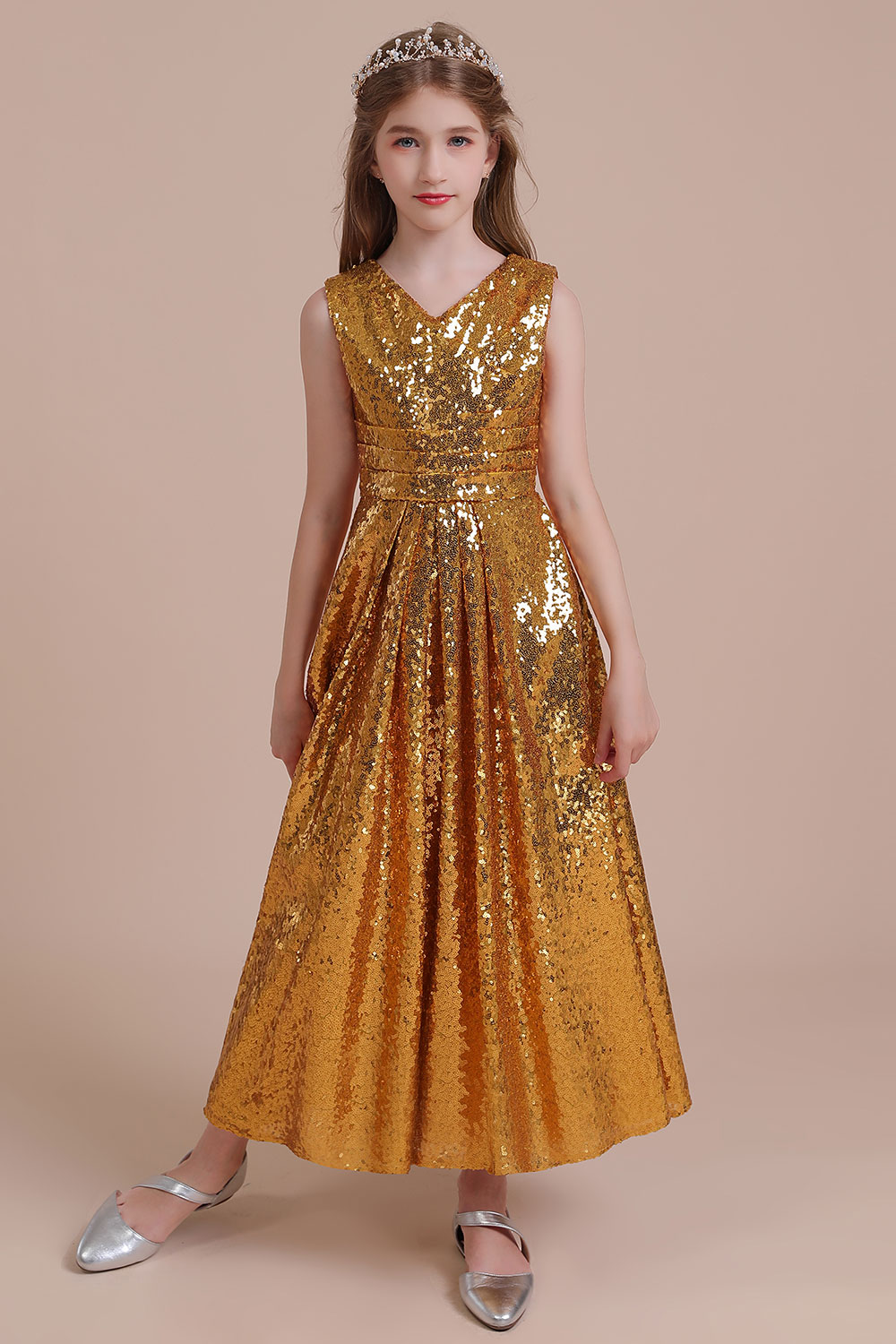 A-line V-neck Sleeveless Ankle-length Flower Girl Dress With Sequins 3
