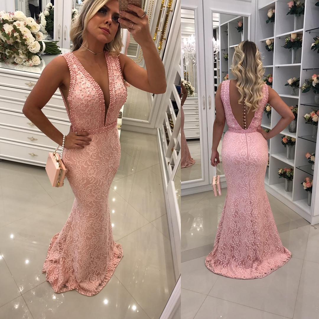 Mermaid V-neck Sleeveless Floor-length Evening Dress With Lace 2