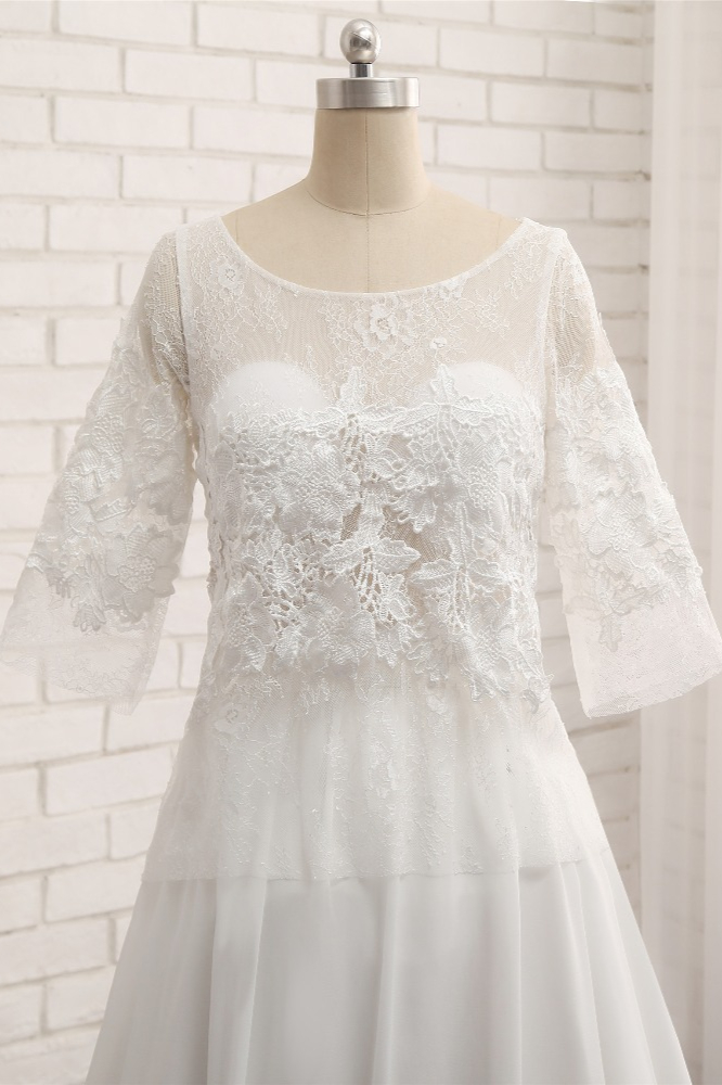 A-line Jewel Neck Half-Sleeves Floor-length 100D Chiffon Wedding Dress 4