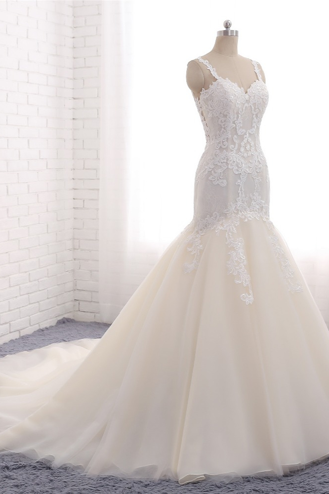 Mermaid Straps Sleeveless Court Train Tulle Wedding Gown With Appliques 3