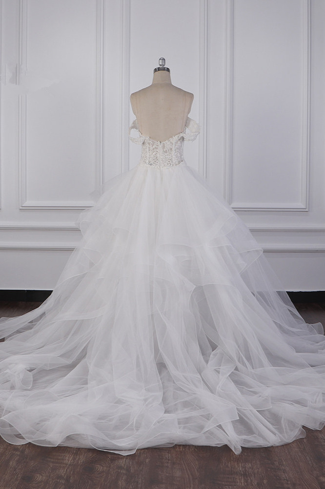 A-line Off-the-shoulder Sweetheart Neck Sleeveless Floor-length Tulle Bridal Dress With Ruffles 2