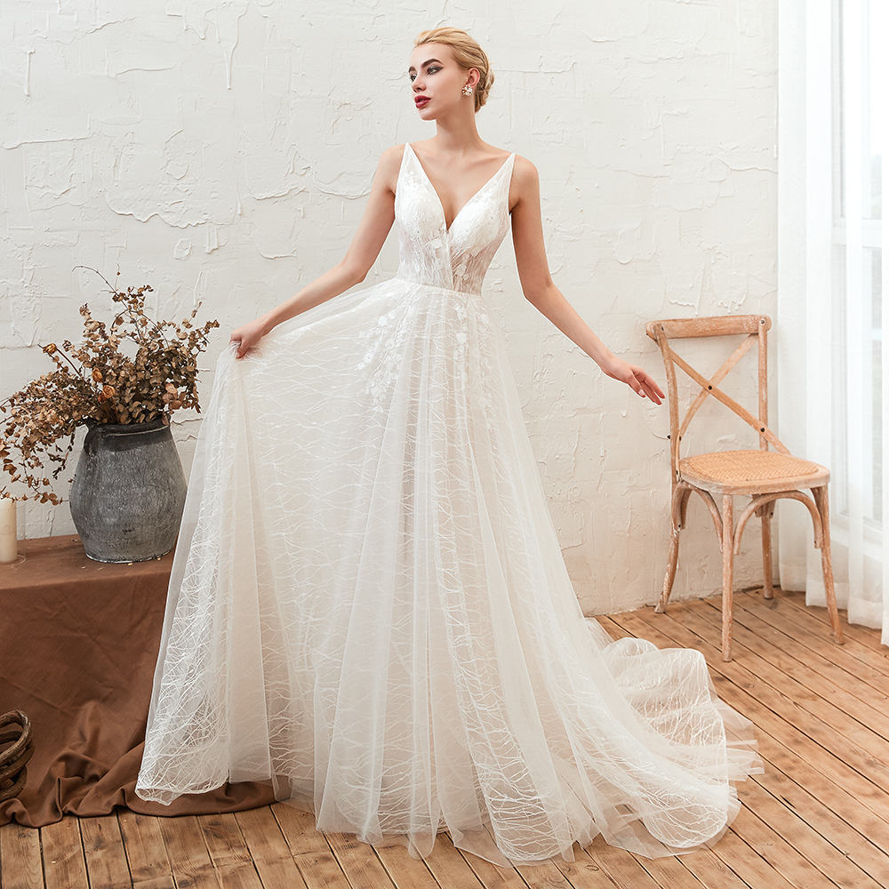 A-line Plunging Neckline Sleeveless Chapel Train Tulle Bridal Gown With Lace 7
