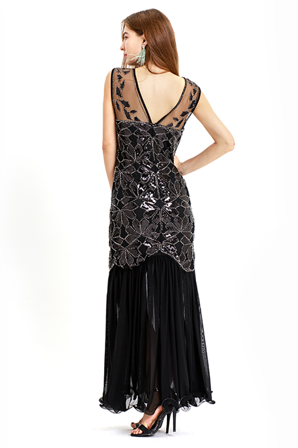 Cap sleeves Long Black Cocktail Dresses | Shining Sequined Dress -  and  Style 6