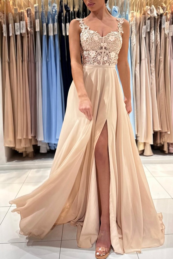 A-line Straps Sleeveless Floor-length 100D Chiffon Evening Dress With Beading 2