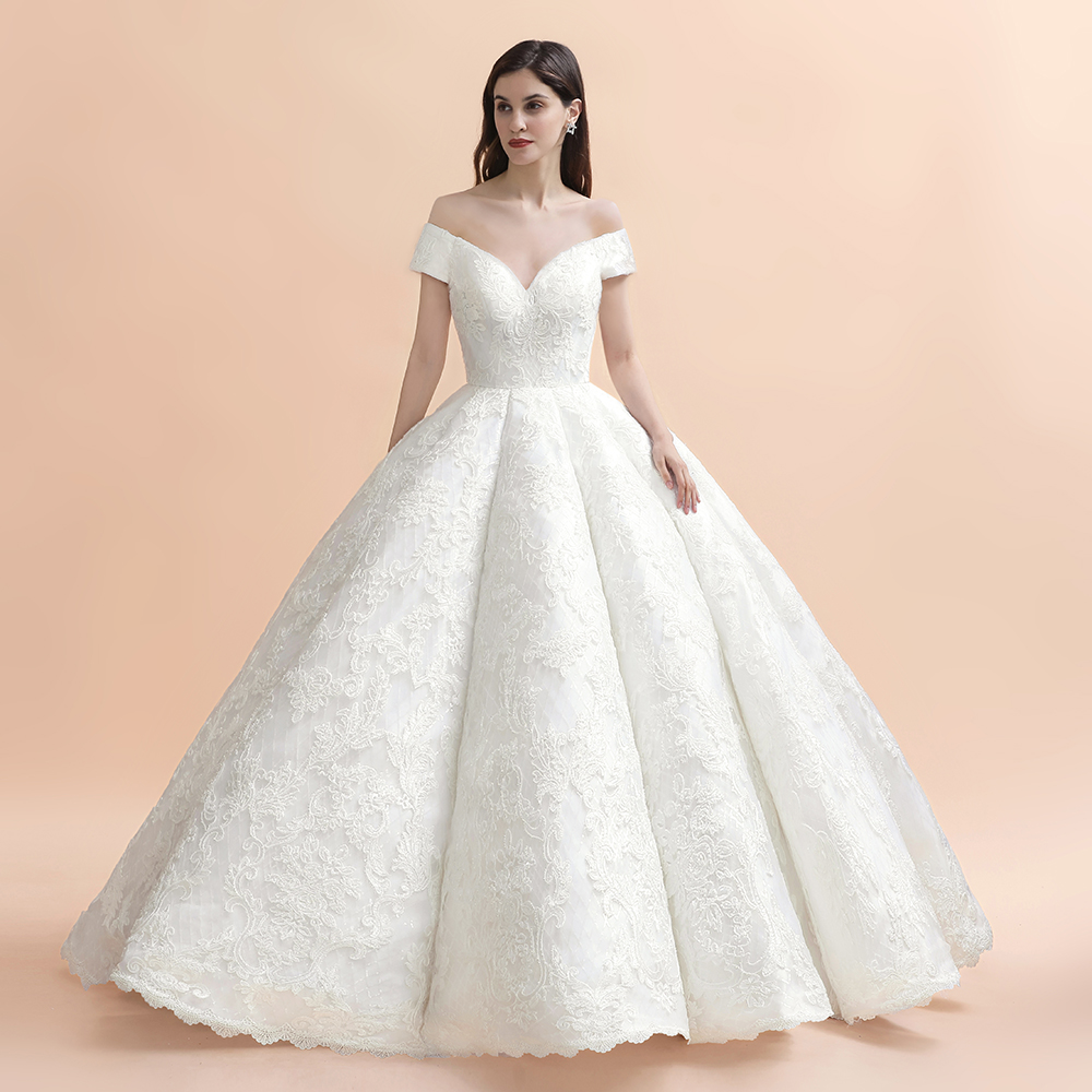 Ball Gown Off-the-shoulder Cap Sleeves Chapel Train Tulle Wedding Gown With Appliques 7