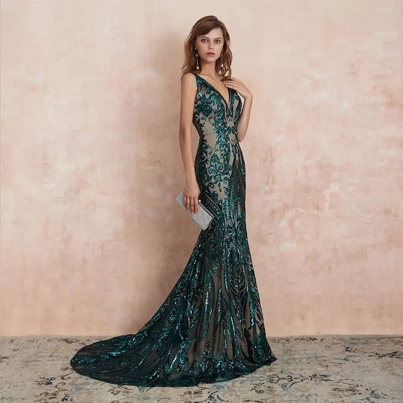 Mermaid V-neck Sleeveless Floor-length Evening Gown With Appliques 6