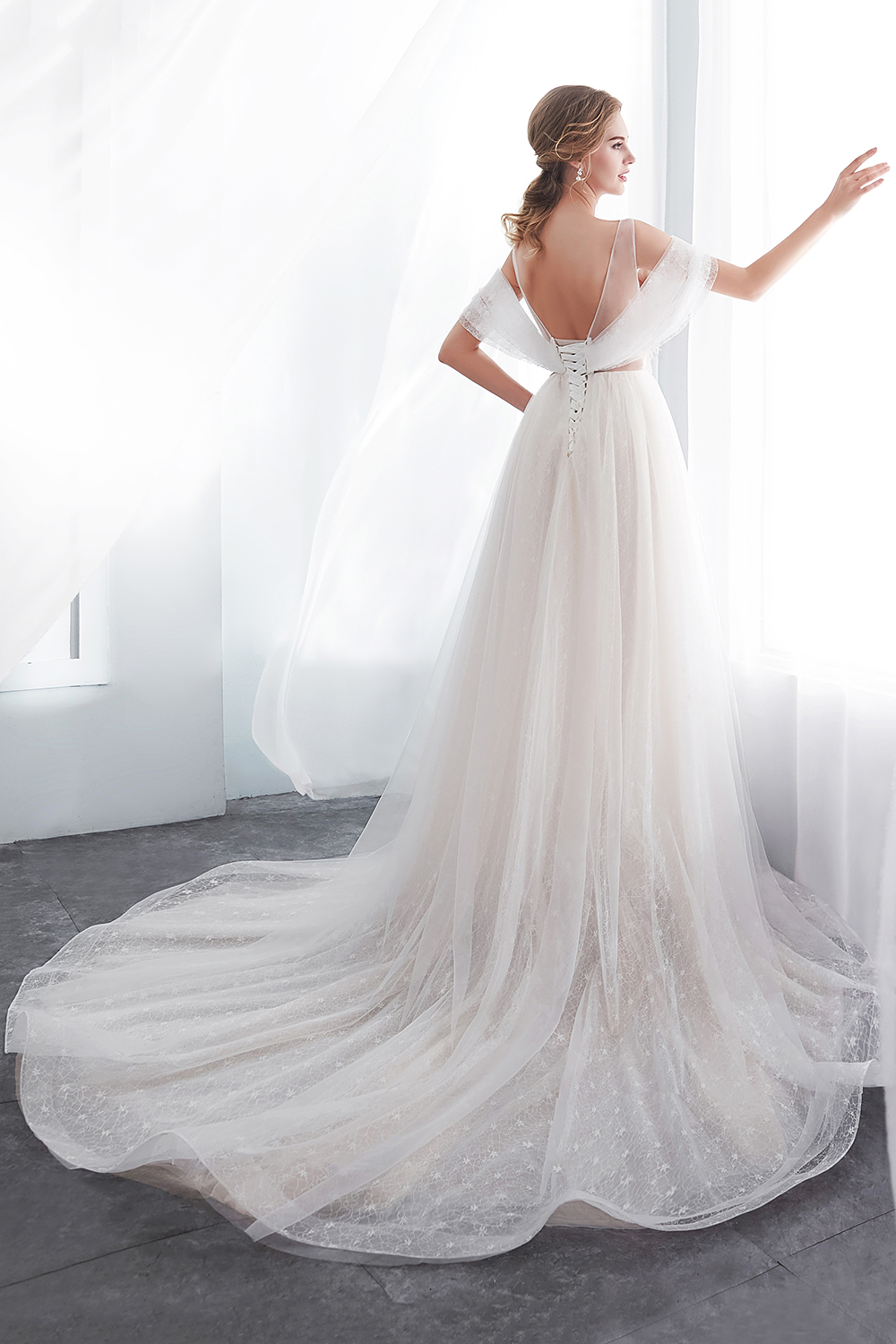 A-line Jewel Neck Sleeveless Chapel Train Tulle Bridal Dress With Lace 7