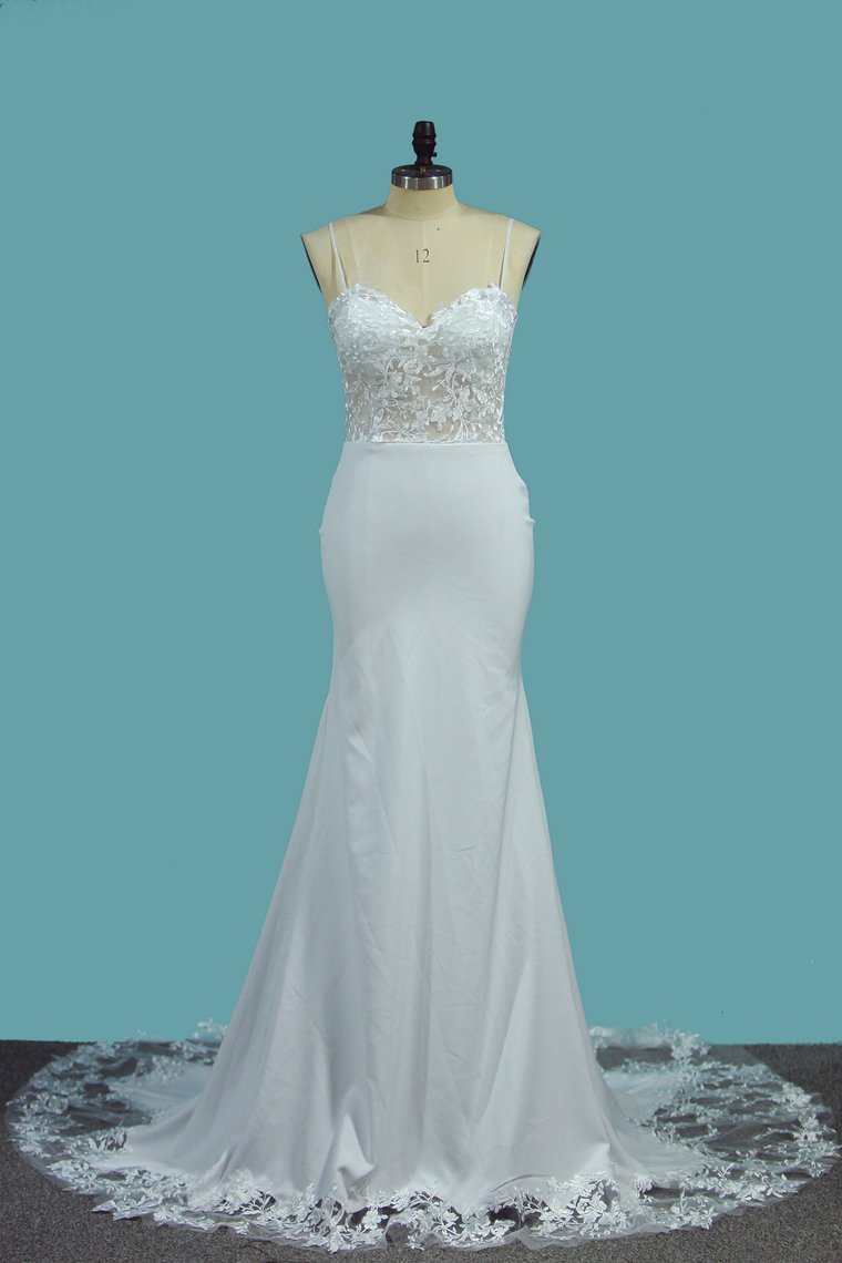Mermaid Spaghetti Straps Sweetheart Neck Sleeveless Chapel Train Satin Wedding Gown With Appliques 1