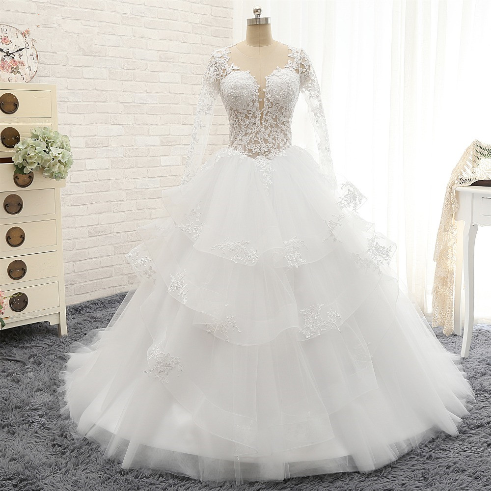 A-line Jewel Neck Long Sleeves Floor-length Tulle Bridal Dress With Appliques 6
