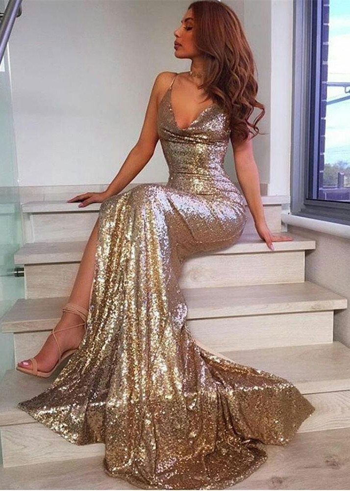 Mermaid V-neck Sleeveless Floor-length Evening Dress With Sequins 3