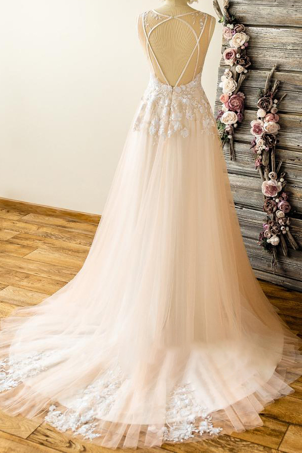 A-line V-neck Sleeveless Chapel Train Lace Wedding Gown With Lace 2