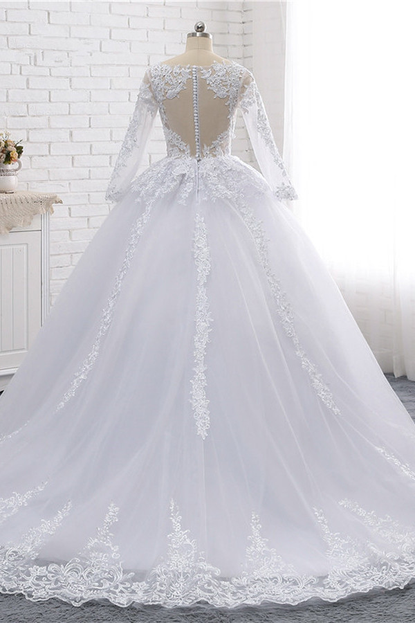 A-line V-neck Long Sleeves Floor-length Tulle Bridal Attire With Appliques 2
