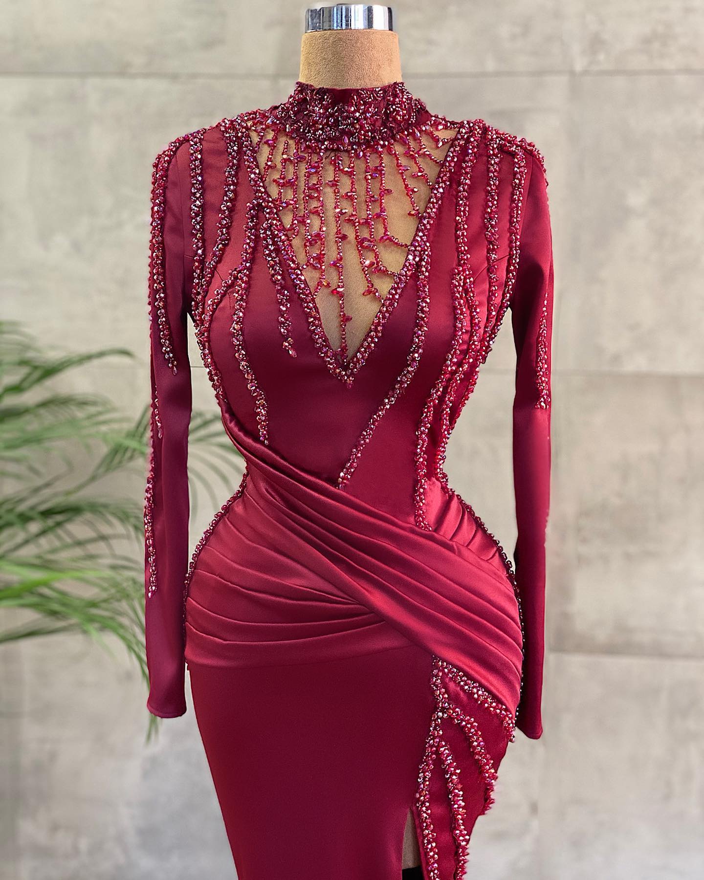 Mermaid High Neck Long Sleeves Floor-length Satin Evening Gown With Pearls 2