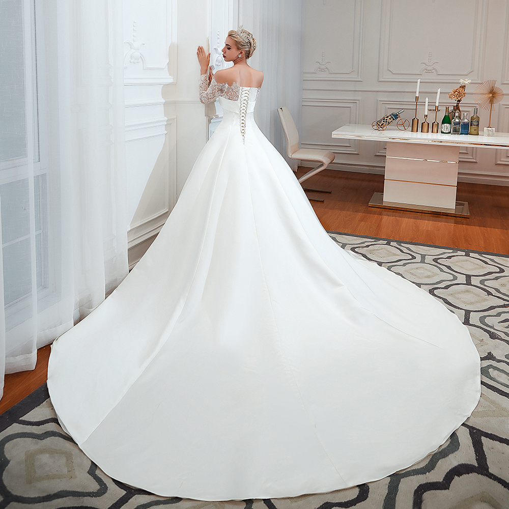 Bateau Neck Long Sleeves Cathedral Train Satin Wedding Gown With Lace 17