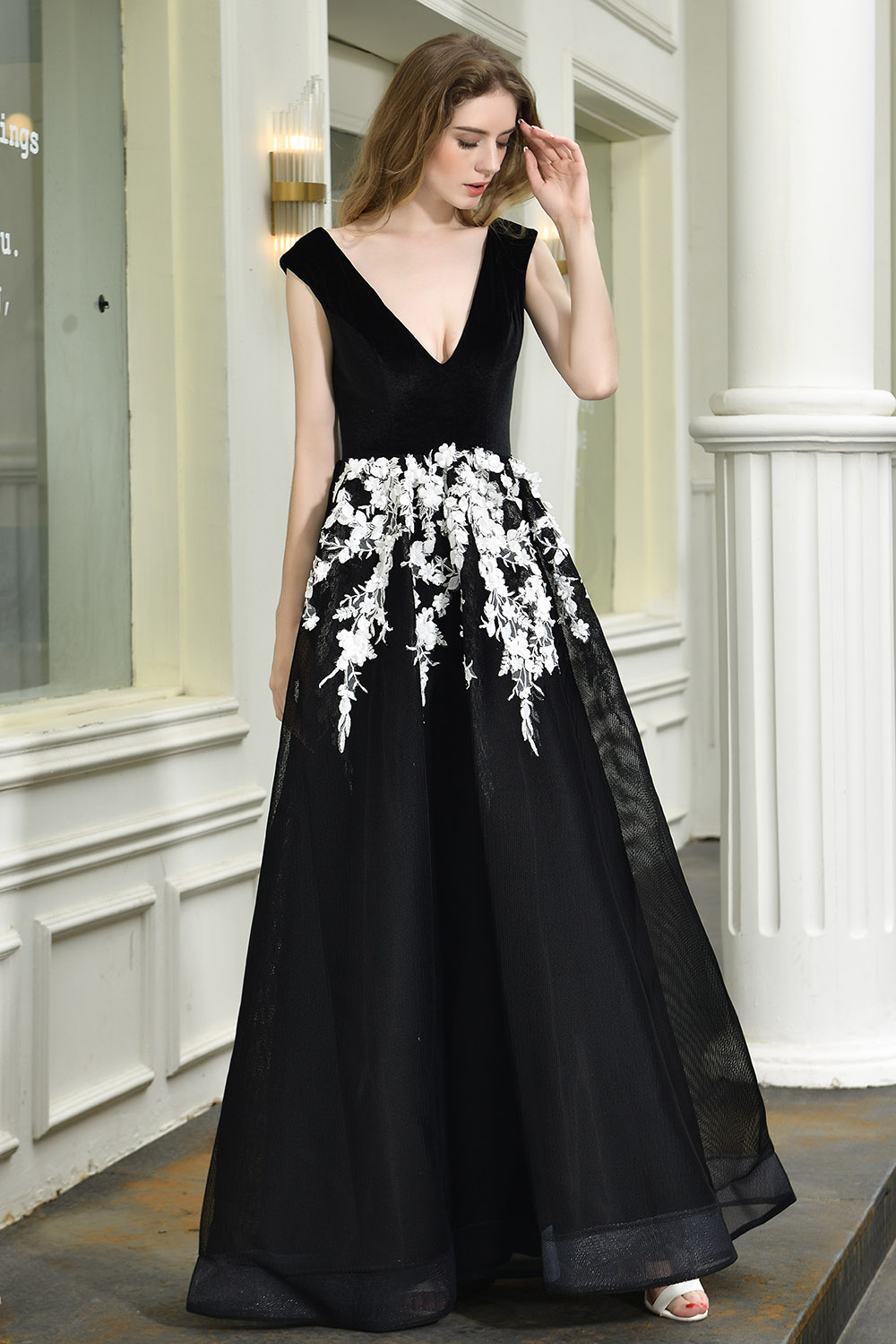 A-line Plunging Neckline Sleeveless Sweep / Brush Train Velvet Evening Dress With Lace 5