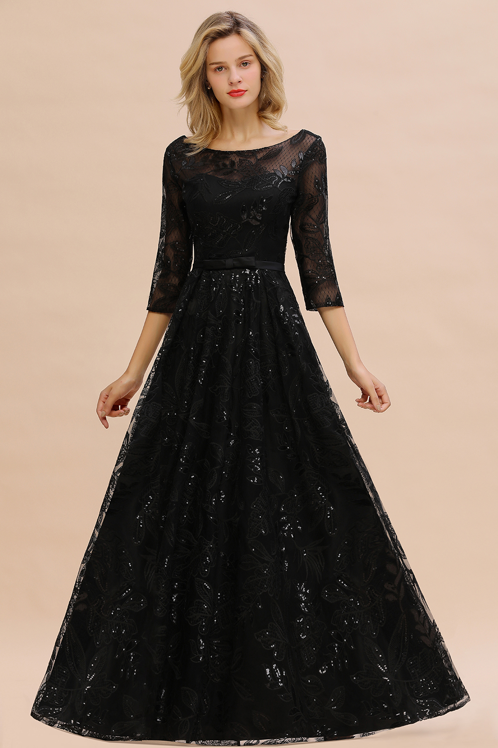 A-line Jewel Neck 3/4-Length Sleeves Floor-length Tulle Evening Dress With Sequins 10