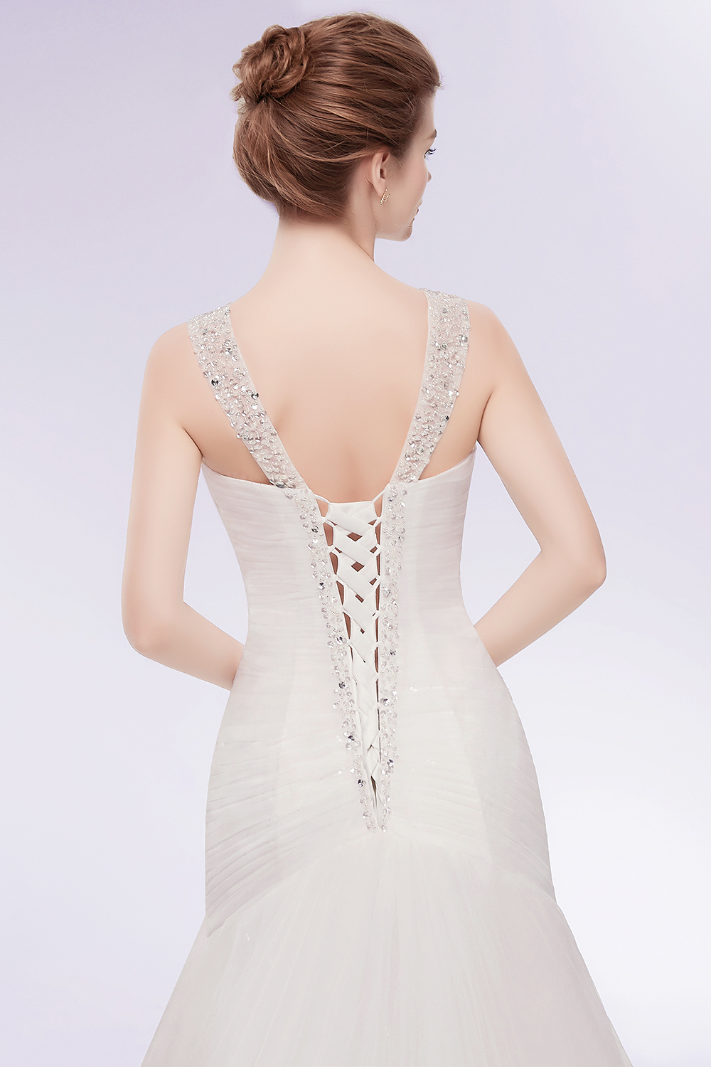 Mermaid V-neck Sleeveless Court Train Tulle Bridal Gown With Crystal 2