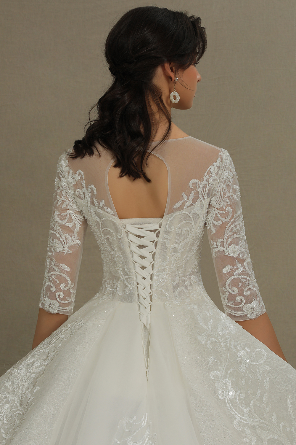 A-line Jewel Neck Half-Sleeves Cathedral Train Tulle Bridal Gown With Lace 7