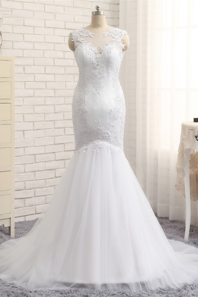 Mermaid Jewel Neck Sleeveless Floor-length Tulle Bridal Gown With Appliques 1