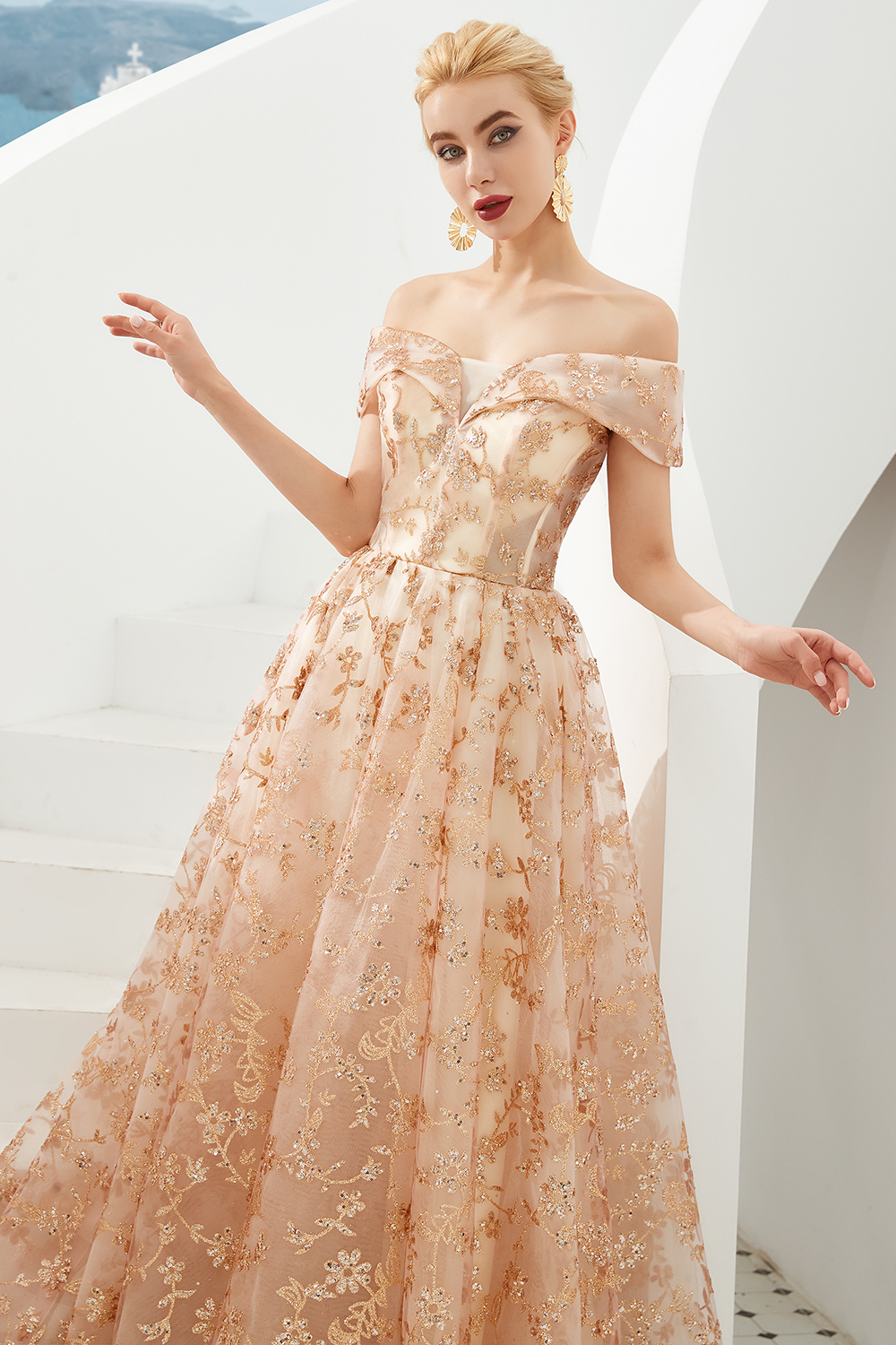 Ball Gown Off-the-shoulder Cap Sleeves Sweep / Brush Train Tulle Formal Dress With Sequins 7