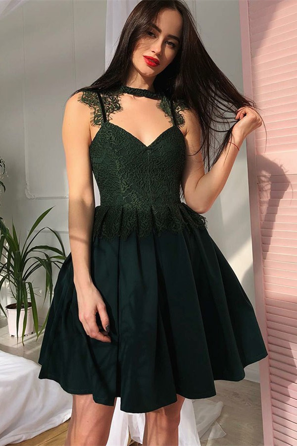 A-line Spaghetti Straps Sweetheart Neck Sleeveless Mini Party Dress With Lace 2