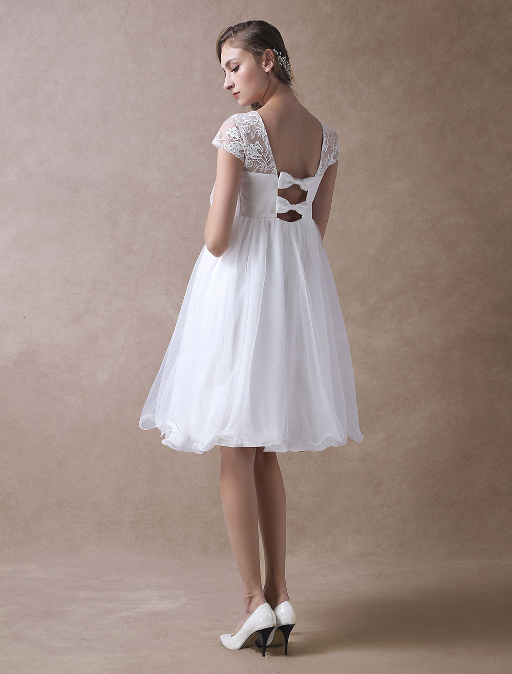 A-line Short Sleeves Mini Lace Bridal Attire With Lace 8