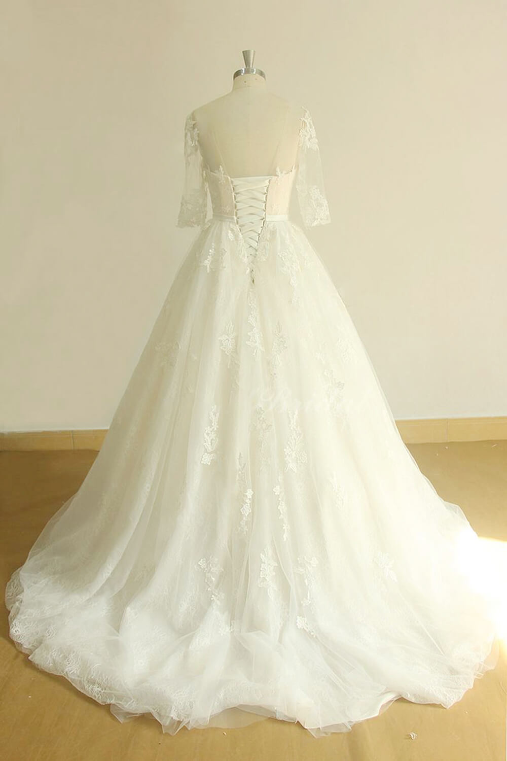 A-line Jewel Neck Half-Sleeves Floor-length Tulle Wedding Dress With Appliques 2